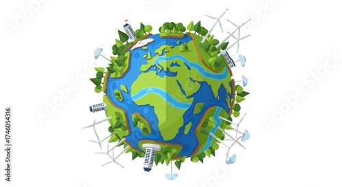 Cartoon Globe Featuring Renewable Energy Sources and Lush Greenery, Ideal for Environmental Awareness Campaigns and Sustainability Education Materials