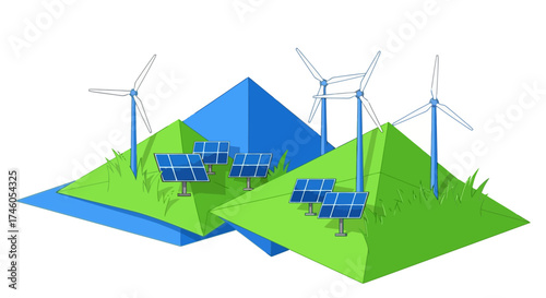 Sustainable Energy Landscape Illustration Showcasing Wind Turbines and Solar Panels for Clean Electricity Generation and Eco-Friendly Power Solutions