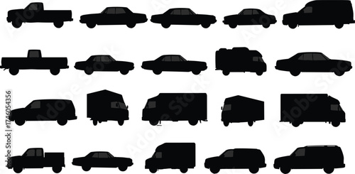 Silhouette collection of various cars, trucks, vans, and vehicles on white background, automotive transportation illustration for design, vector graphic set