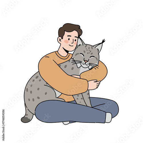 A person happily hugs a large, spotted cat, showcasing affection and companionship.