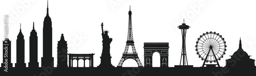 World famous city landmarks skyline silhouette, global architecture design, travel tourism concept with international monuments and iconic buildings illustration