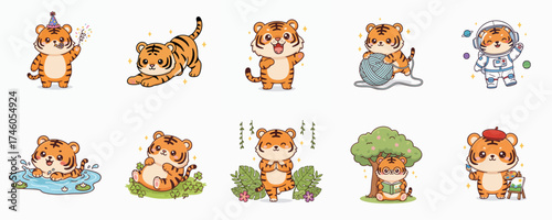 Cute tiger cartoon illustrations in various poses isolated on a white background vector graphics for multiple design uses