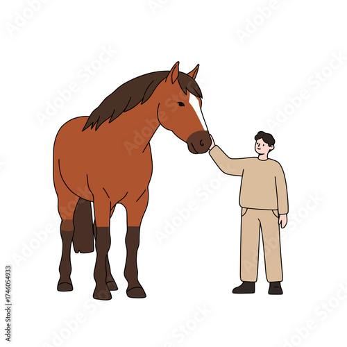 A person gently interacts with a large brown horse in a friendly manner.