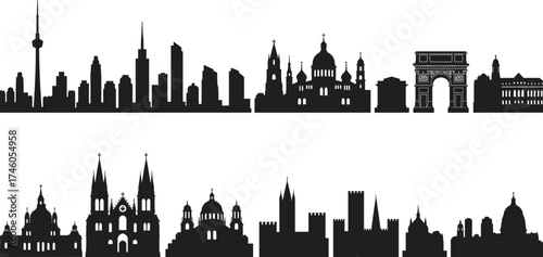 World famous city skylines silhouette collection, global architecture landmarks illustration, travel tourism concept with international monuments and urban buildings design