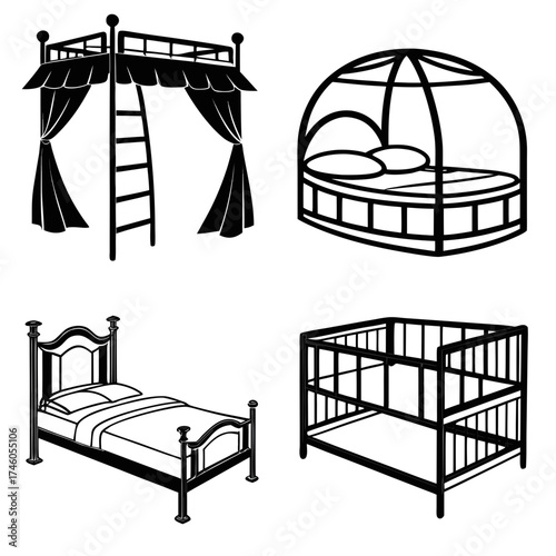 black and white vector illustration of a round bed bunk bed