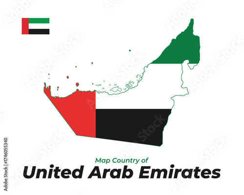 Map of United Arab Emirates with national flag colors and coat of arms inside. Vector illustration of Asia country outline, patriotic symbol design.