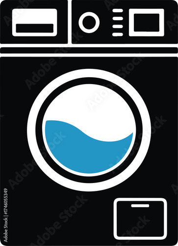 A black silhouette of a modern washing machine