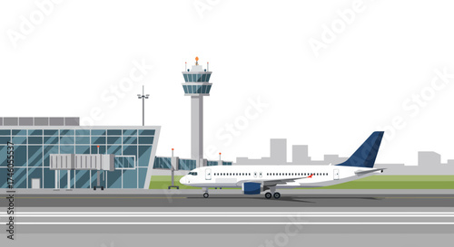 Airplane on runway at airport near control tower modern terminal  city skyline