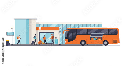 Bus station scene orange bus luggage people with bags entering the station