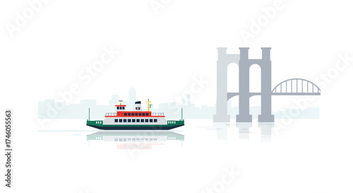 Ferry on water with reflection City skyline  bridge behind