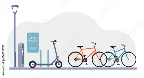 Outdoor scene with lamp post kiosk scooter bicycle rack orange bike and blue bike on gray street