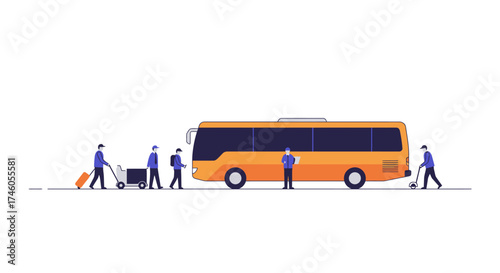 Passengers boardingleaving orange bus luggage  attendant