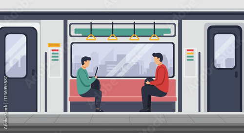Subway interior with two seated passengers near doors window view of city skyline