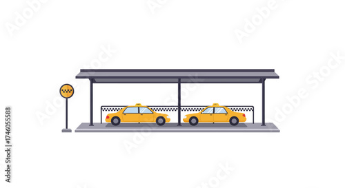 Two yellow taxi cabs under a gray shelter with a taxi sign beside it