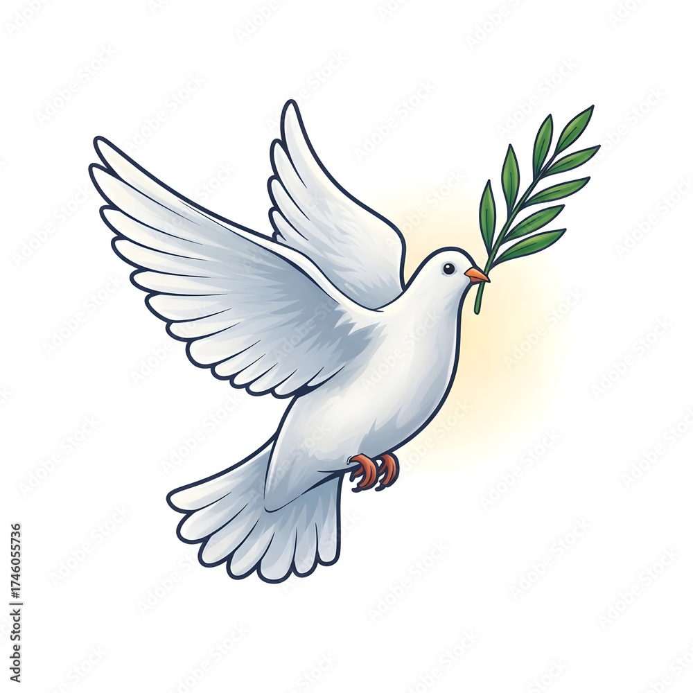 Fototapeta premium White Dove Flying with Olive Branch in Bright Light Symbolizing Peace and Hope