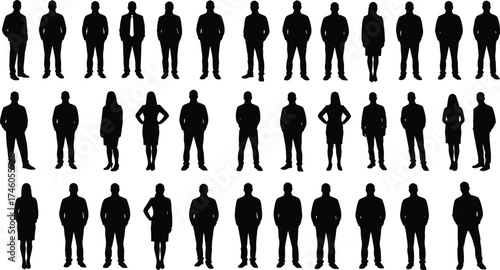 Silhouette of diverse business people standing in various poses, men and women group illustration isolated on white background for design