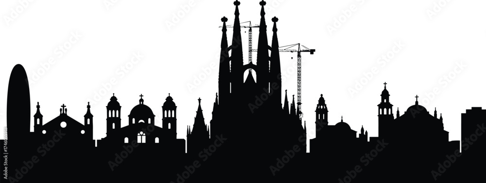 Fototapeta premium Barcelona skyline silhouette with Sagrada Familia, famous architecture, construction cranes, historical buildings, travel destination, urban cityscape, black design illustration