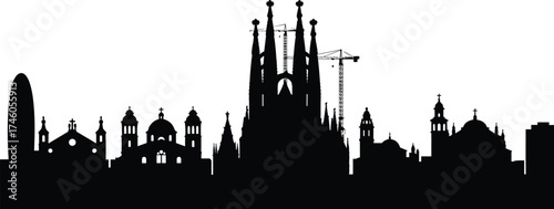 Barcelona skyline silhouette with Sagrada Familia, famous architecture, construction cranes, historical buildings, travel destination, urban cityscape, black design illustration