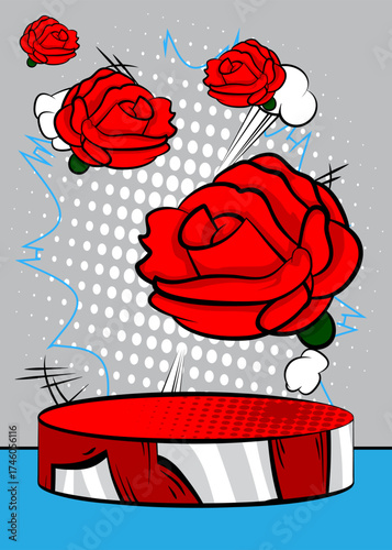 Comic Book Product podium stage for mockup presentation with Red Rose. Retro comics background.