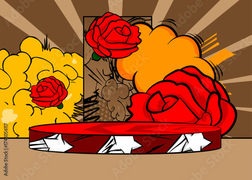 Comic Book Product podium stage for mockup presentation with Red Rose. Retro comics background.