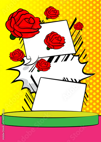 Comic Book Product podium stage for mockup presentation with Red Rose. Retro comics background.