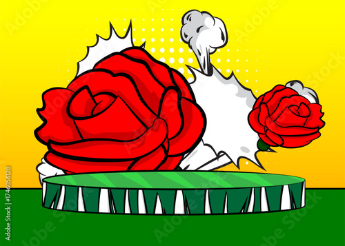 Comic Book Product podium stage for mockup presentation with Red Rose. Retro comics background.