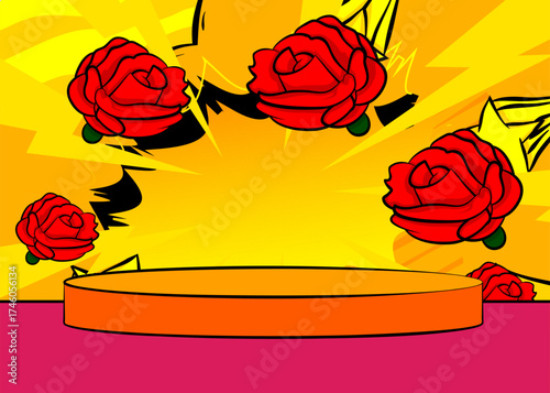 Comic Book Product podium stage for mockup presentation with Red Rose. Retro comics background.