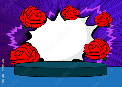 Comic Book Product podium stage for mockup presentation with Red Rose. Retro comics background.