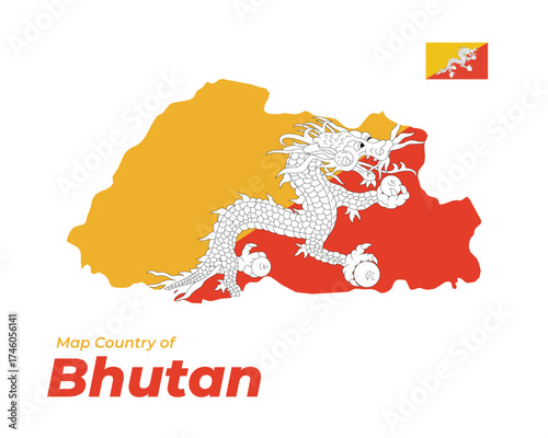 Map of Bhutan with national flag colors and coat of arms inside. Vector illustration of Asia country outline, patriotic symbol design.