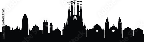 Black Barcelona city skyline silhouette with Sagrada Familia, historical architecture, urban buildings, famous landmarks, travel design on white background