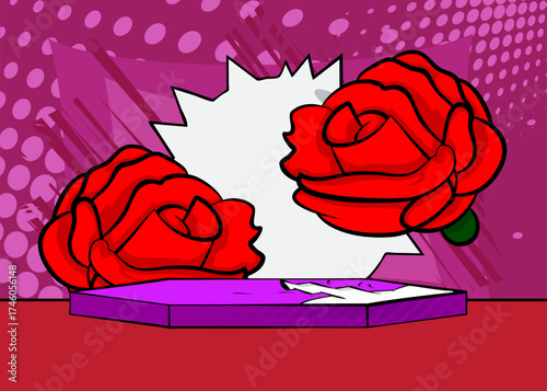 Comic Book Product podium stage for mockup presentation with Red Rose. Retro comics background.