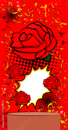 Comic Book Product podium stage for mockup presentation with Red Rose. Retro comics background.