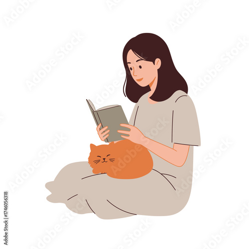 A woman reading a book while sitting with a cat on her lap.