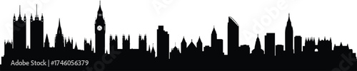 Black London city skyline silhouette with Big Ben, modern buildings, historical architecture, famous landmarks, urban cityscape illustration on white background
