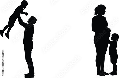 Silhouette of happy family with father lifting child, pregnant mother with daughter, love, parenting, and family togetherness concept illustration