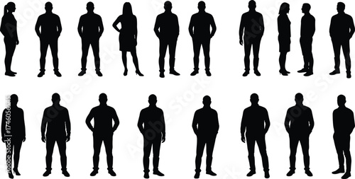Group of diverse business people silhouette standing together, teamwork and communication concept, professional corporate illustration isolated on white background