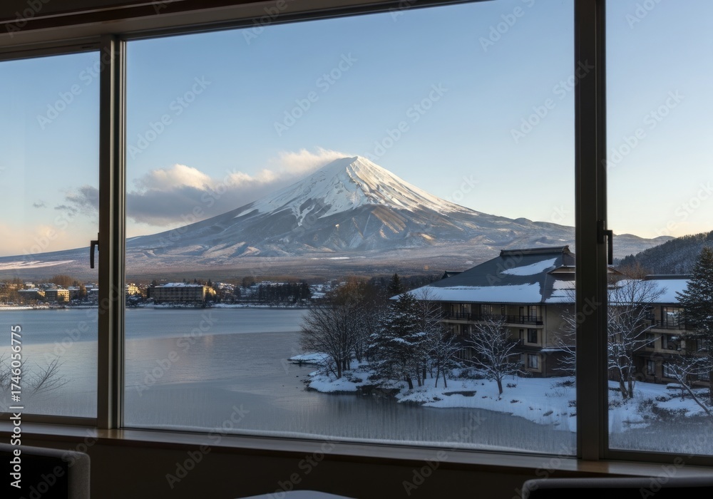 Obraz premium Majestic Mount Fuji and Serene Lake Kawaguchiko in Winter, Viewed from a Hotel Window