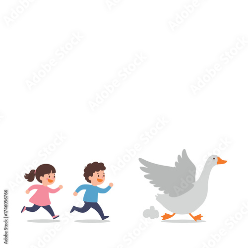 Two children joyfully running after a goose in a playful scene.