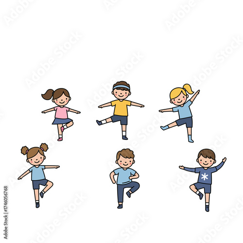 A group of children engaging in playful dance poses, showcasing joy and movement.