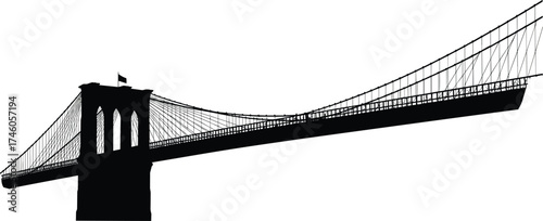 Brooklyn Bridge silhouette vector illustration, iconic New York City landmark, suspension bridge architecture, urban skyline art for travel, tourism, design