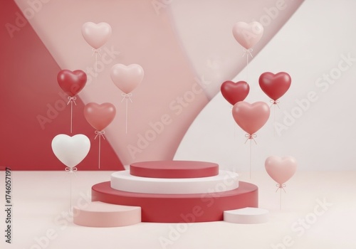 Romantic 3D Stage with Red and Pink Heart Balloons, Tiered Pedestals, and Geometric Background for Valentine' Day or Product Showcase