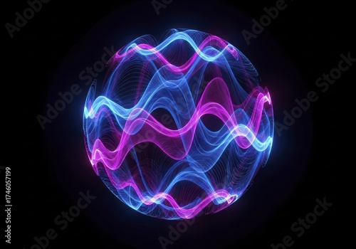 Abstract Glowing Spherical Waves of Blue and Magenta Light, Dynamic Digital Energy Orb