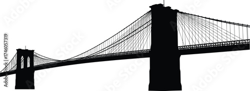Brooklyn Bridge black silhouette vector illustration, New York City landmark design, suspension bridge architecture art for travel, tourism, construction, skyline