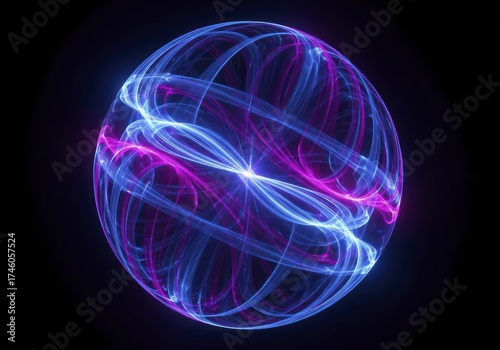 Dynamic Luminous Energy Sphere with Intertwining Blue and Pink Light Trails, Isolated on a Dark Background