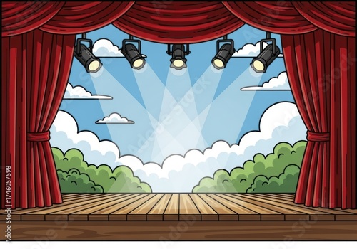 Cartoon stage with red curtains, spotlights, wooden floor, and an outdoor backdrop of blue sky, clouds, and green bushes, perfect for a lively performance or show.