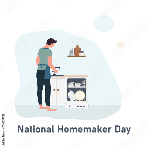 Minimalist cartoon illustration of a man washing dishes in the kitchen for National Homemaker Day. Flat vector style with clean background and soft colors, concept of modern family and daily chores.