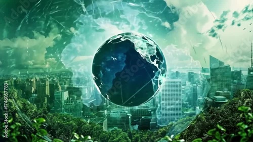 Digital Earth Surrounded by Futuristic City | 2. Green Technology and Smart Cities | 3. Global Connectivity and Urban Innovation
