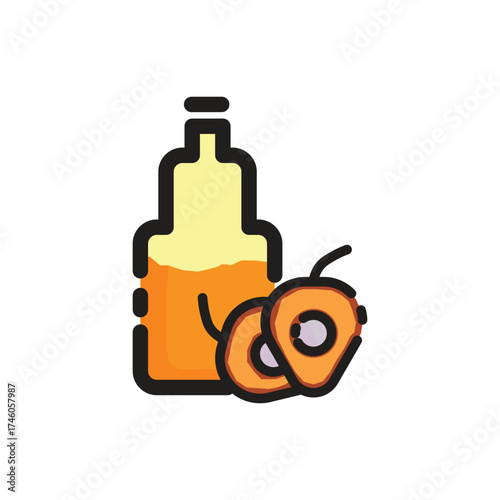 A bottle of orange juice with two sliced apricots in front
