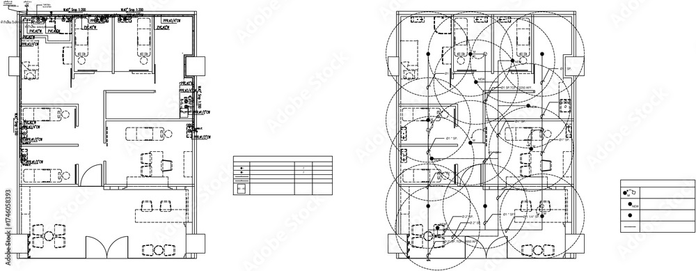 Fototapeta premium Engineering Drawing of Plumbing and Fire Protection System in Clinic | Water Supply and Drainage Pipe Layout with Sprinkler Head Position | MEP Technical Plan for Interior Design