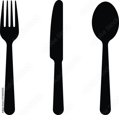 Silhouette of fork knife and spoon isolated on white background, minimalist kitchen utensils design, dining tools concept, restaurant cutlery illustration
